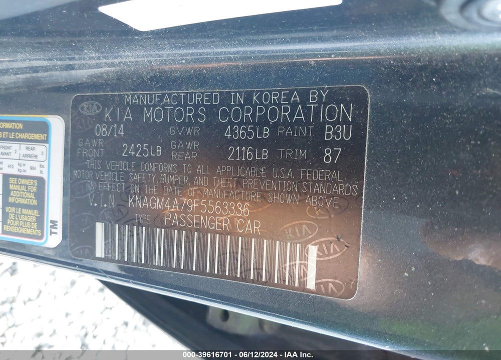 2015 KIA OPTIMA LX VIN: KNAGM4A79F5563336