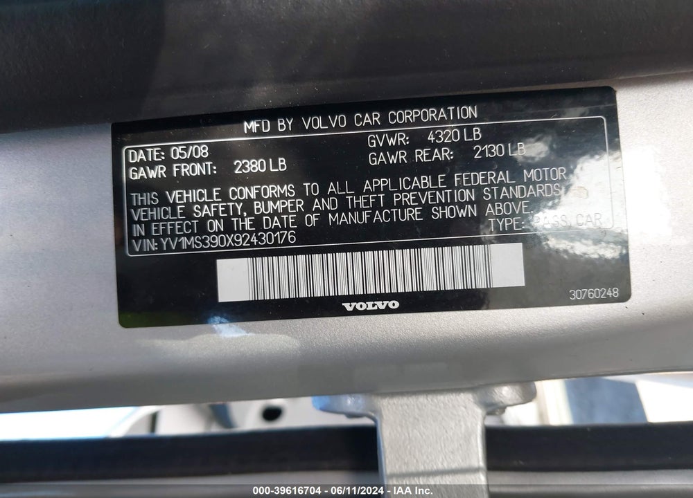 2009 VOLVO S40 VIN: YV1MS390X92430176