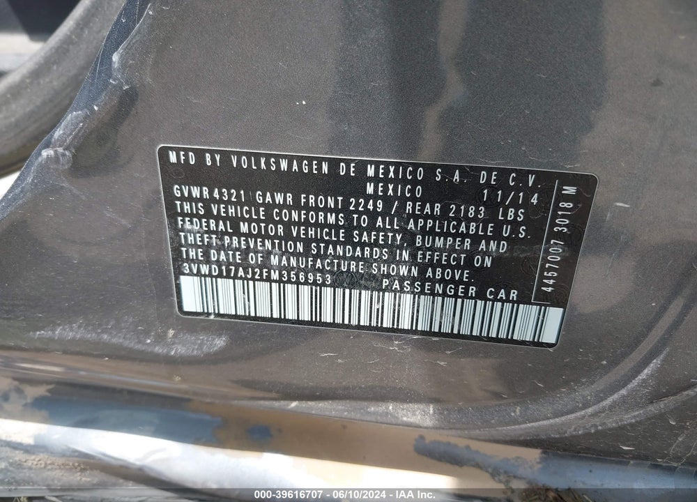 2015 VOLKSWAGEN JETTA 1.8T SE VIN: 3VWD17AJ2FM356953