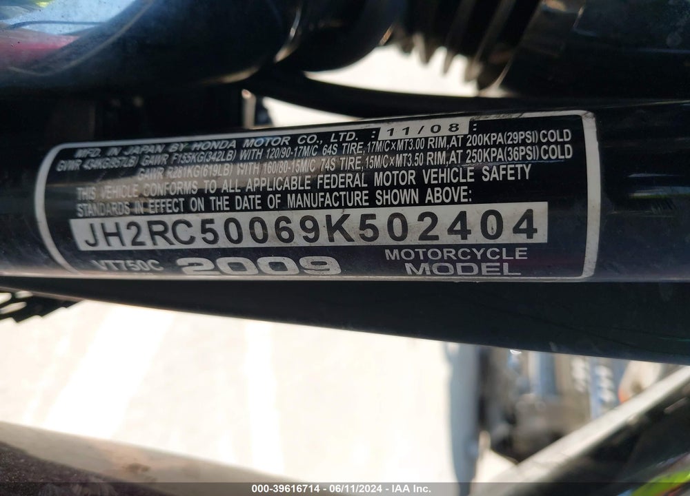 2009 HONDA VT750 C VIN: JH2RC50069K502404