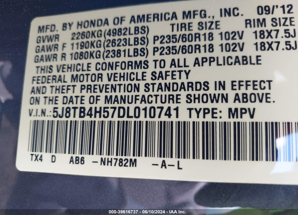 2013 ACURA RDX VIN: 5J8TB4H57DL010741