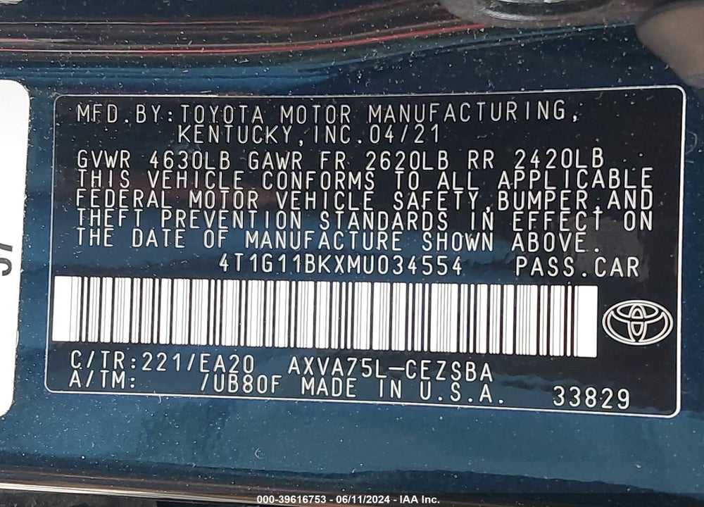 2021 TOYOTA CAMRY SE AWD VIN: 4T1G11BKXMU034554