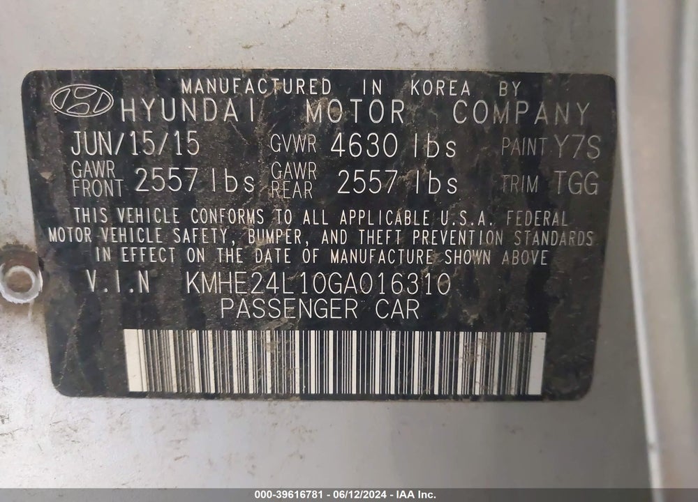 2016 HYUNDAI SONATA HYBRID SE VIN: KMHE24L10GA016310