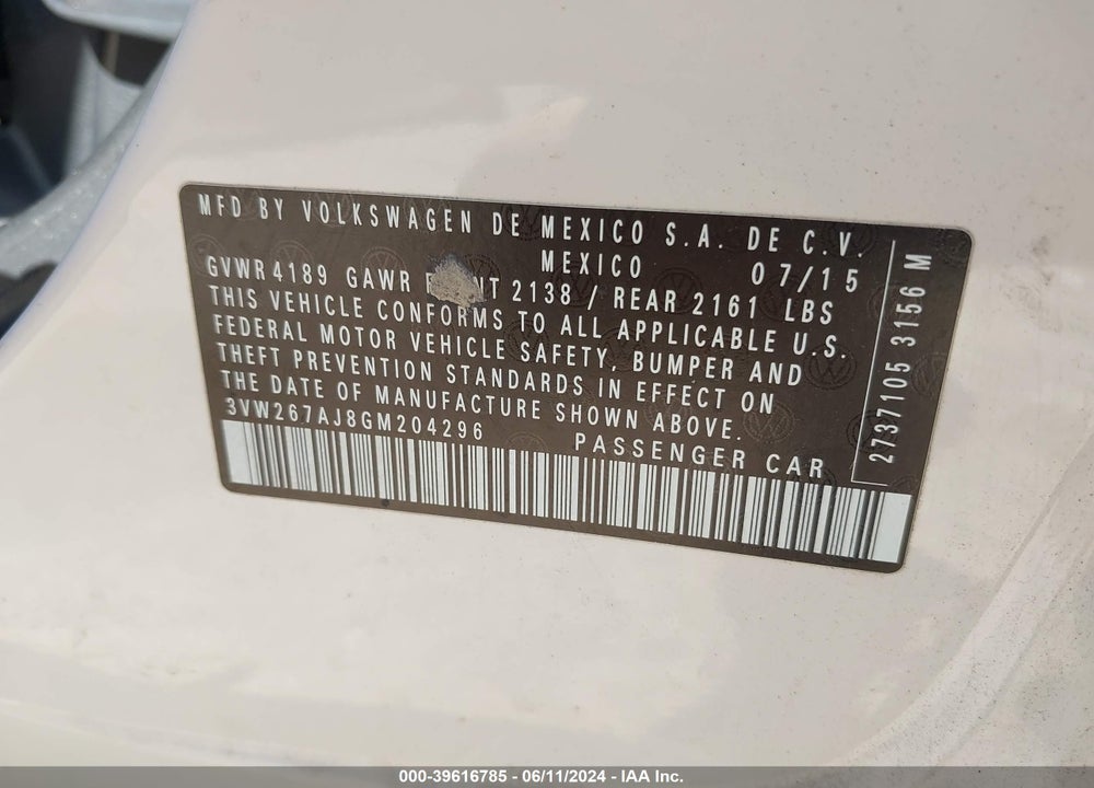 2016 VOLKSWAGEN JETTA 1.4T S VIN: 3VW267AJ8GM204296