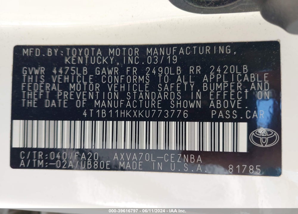 2019 TOYOTA CAMRY LE VIN: 4T1B11HKXKU773776