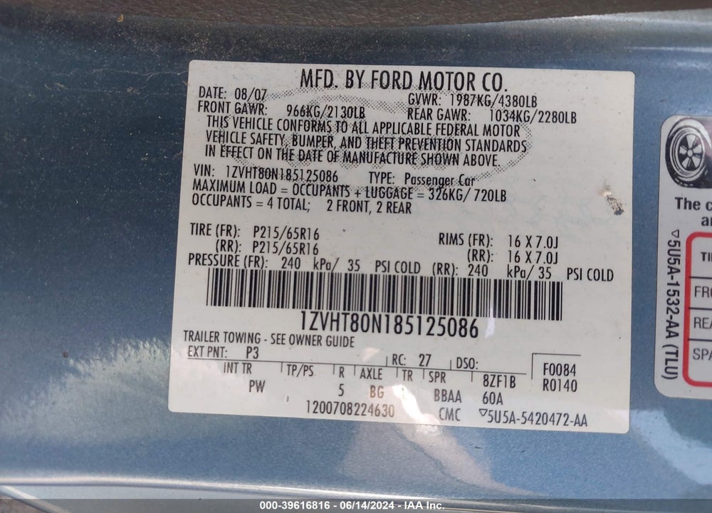 2008 FORD MUSTANG V6 DELUXE/V6 PREMIUM VIN: 1ZVHT80N185125086