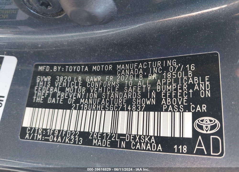 2016 TOYOTA COROLLA S PLUS VIN: 2T1BURHE5GC714837