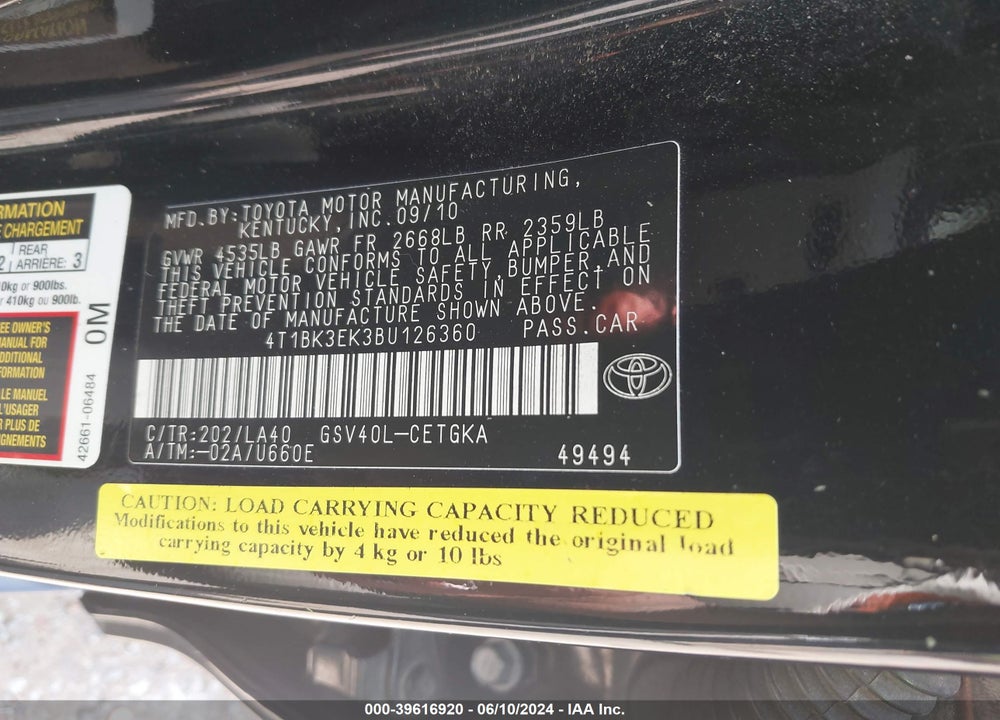 2011 TOYOTA CAMRY XLE V6 VIN: 4T1BK3EK3BU126360