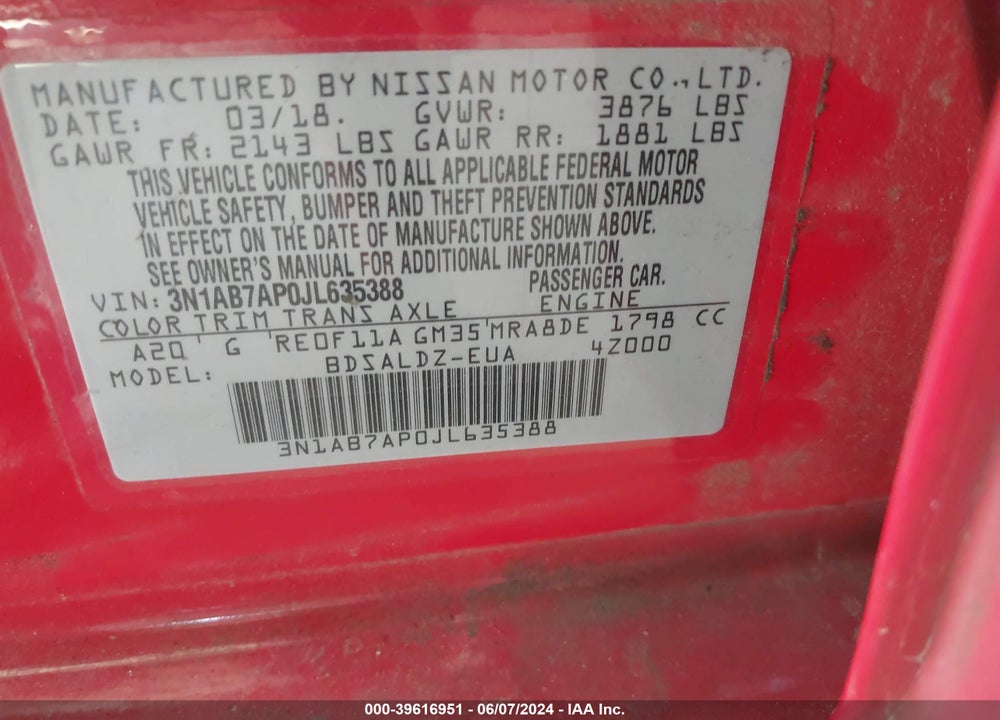 2018 NISSAN SENTRA SV VIN: 3N1AB7AP0JL635388