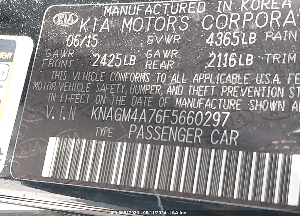 2015 KIA OPTIMA LX VIN: KNAGM4A76F5660297