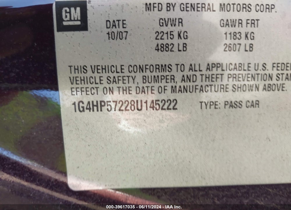 2008 BUICK LUCERNE CX VIN: 1G4HP57228U145222