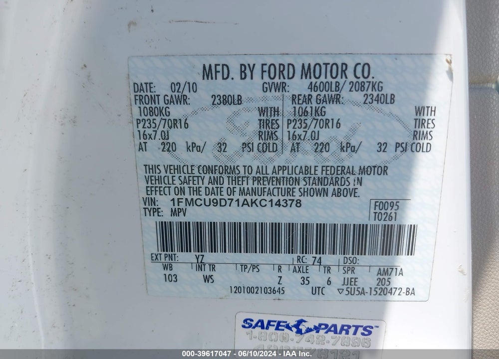 2010 FORD ESCAPE XLT VIN: 1FMCU9D71AKC14378
