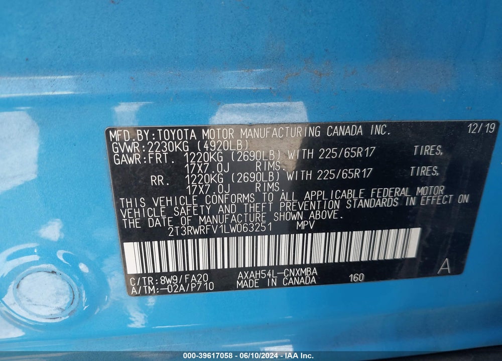 2020 TOYOTA RAV4 HYBRID XLE VIN: 2T3RWRFV1LW063251