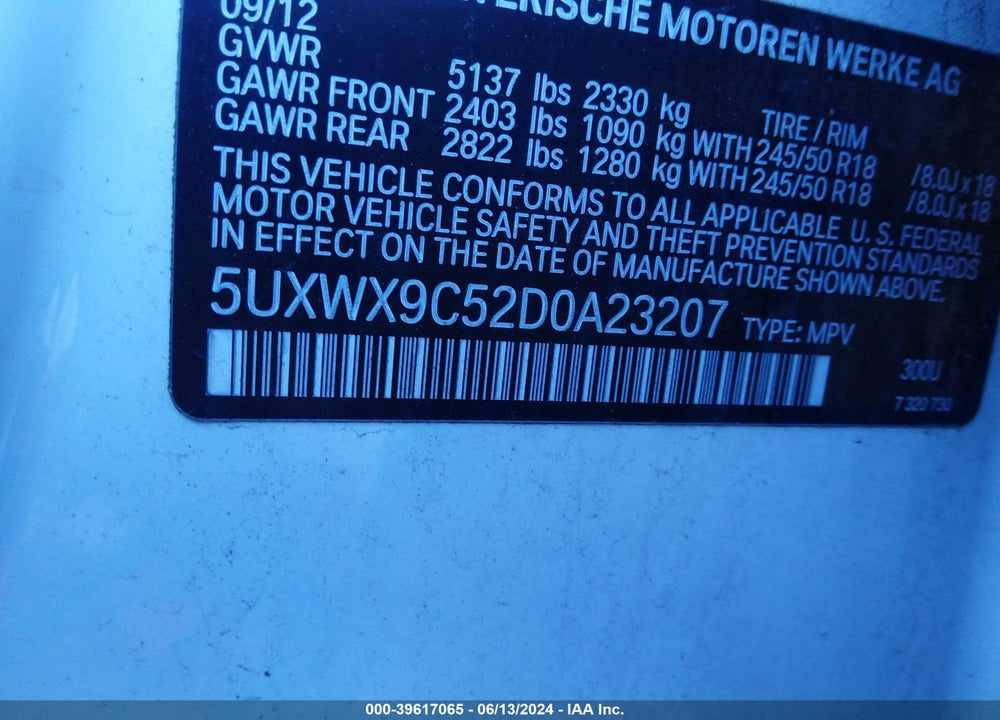 2013 BMW X3 VIN: 5UXWX9C52D0A23207