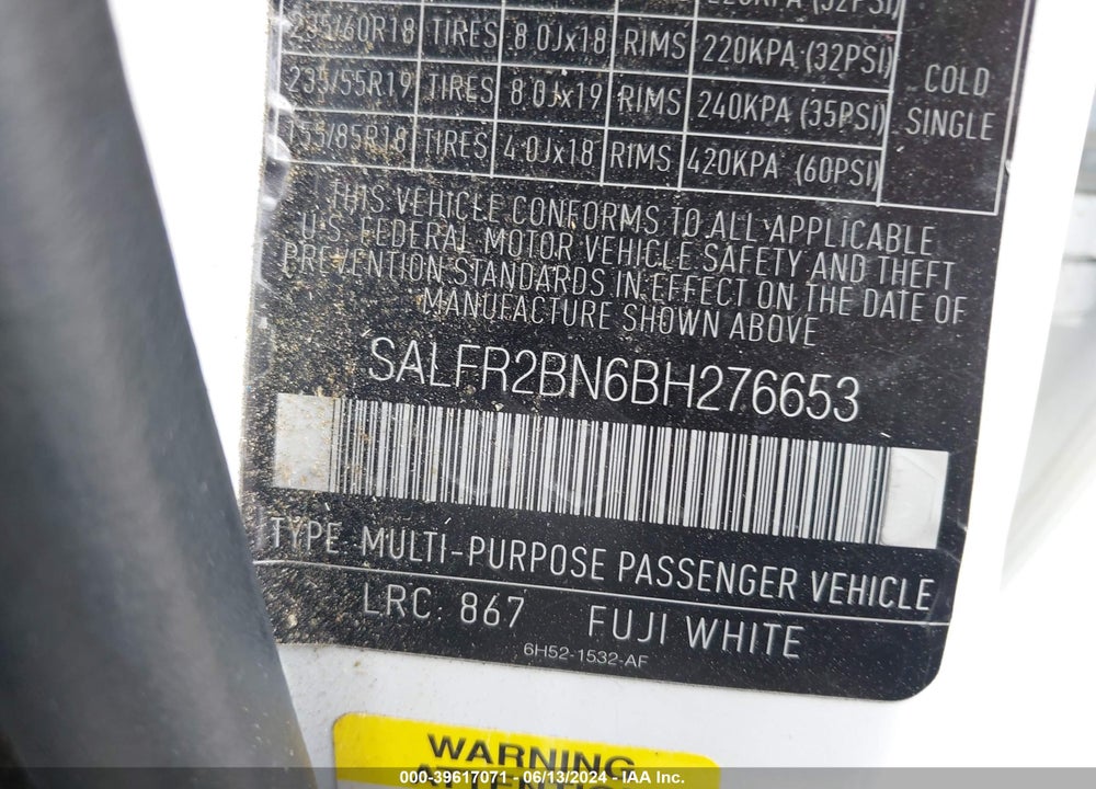 2011 LAND ROVER LR2 VIN: SALFR2BN6BH276653