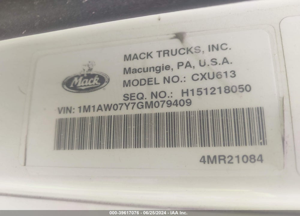 2016 MACK 600 CXU600 VIN: 1M1AW07Y7GM079409