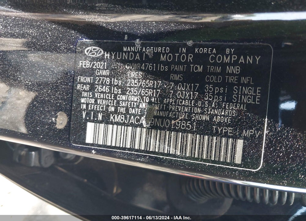 2022 HYUNDAI TUCSON SE VIN: KM8JACAE9NU019851