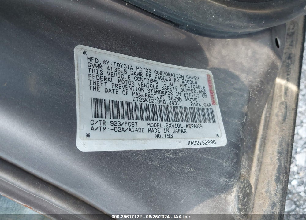 1993 TOYOTA CAMRY LE VIN: JT2SK12E3P0104311