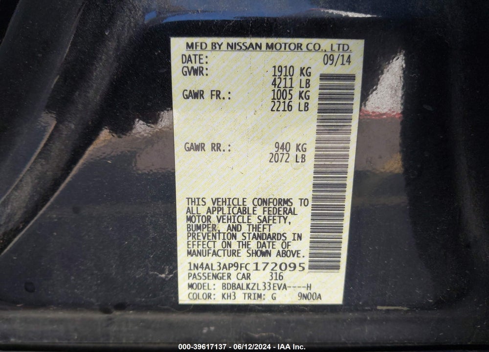 2015 NISSAN ALTIMA 2.5 SV VIN: 1N4AL3AP9FC172095