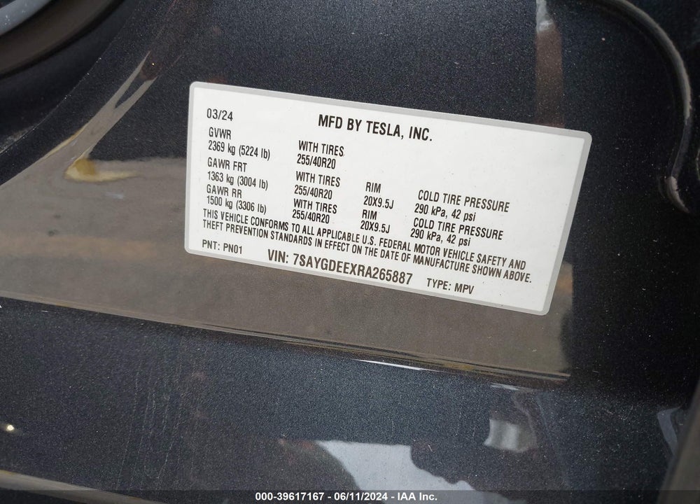 2024 TESLA MODEL Y LONG RANGE DUAL MOTOR ALL-WHEEL DRIVE VIN: 7SAYGDEEXRA265887