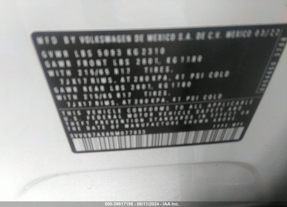 2022 VOLKSWAGEN TIGUAN 2.0T S VIN: 3VV0B7AX6NM077833