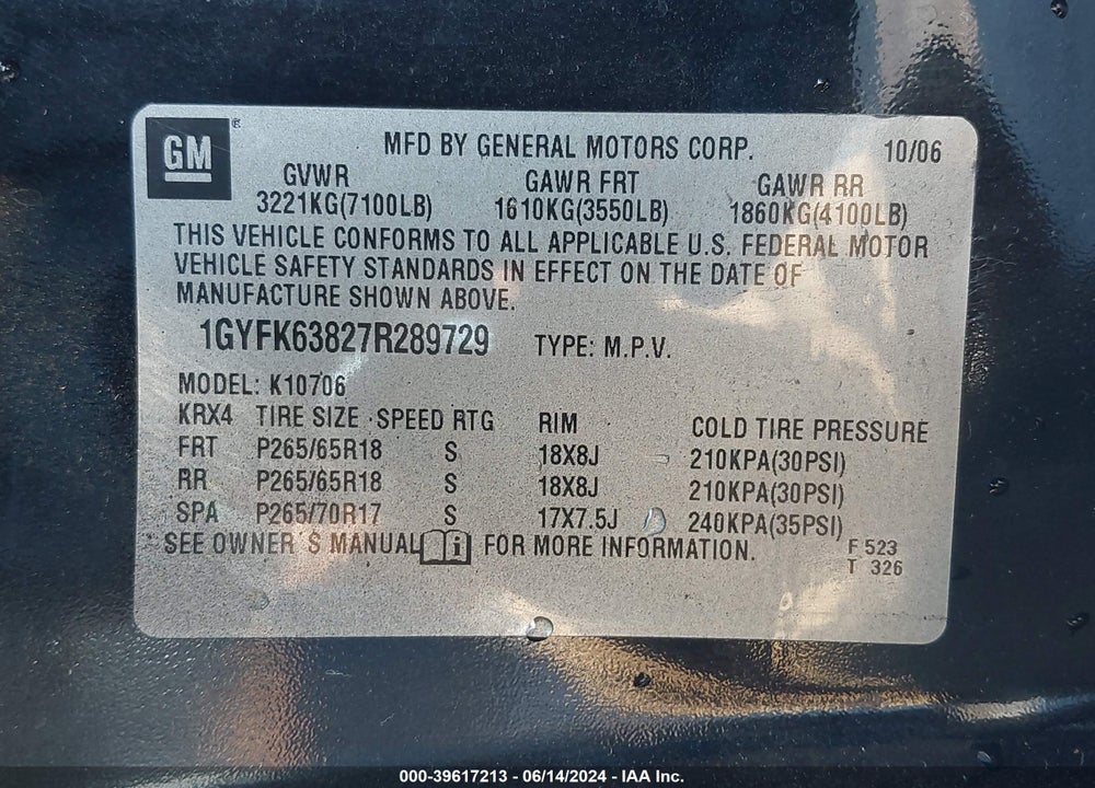 2007 CADILLAC ESCALADE STANDARD VIN: 1GYFK63827R289729