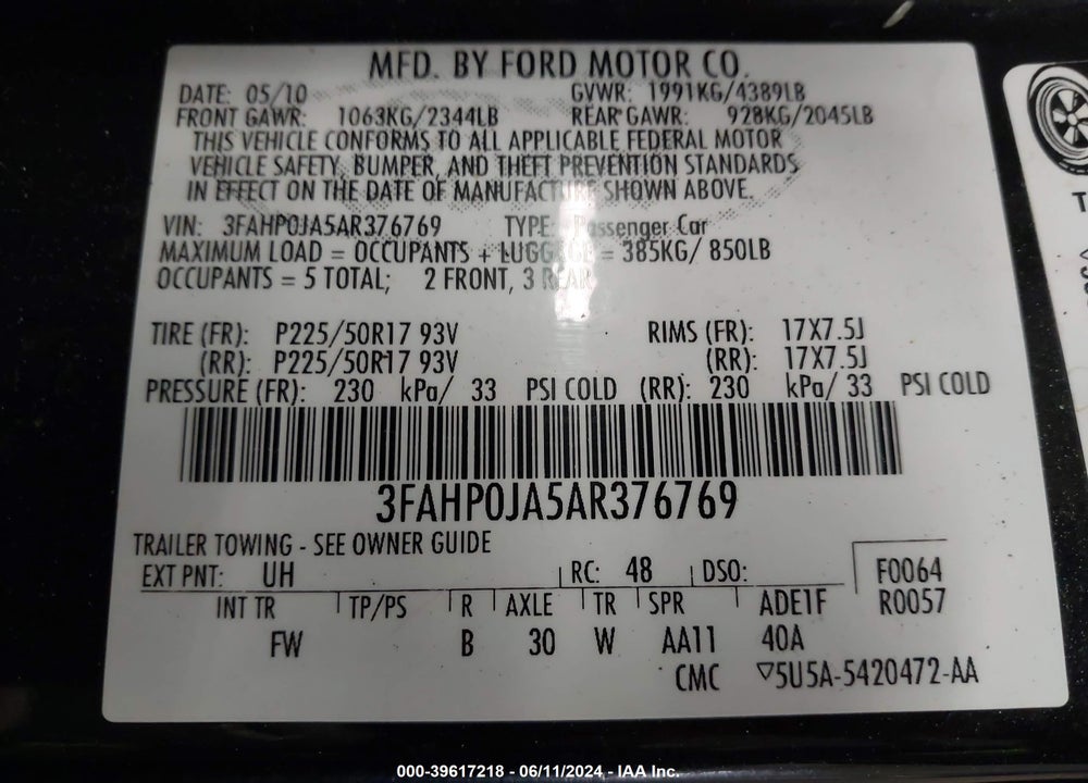 2010 FORD FUSION SEL VIN: 3FAHP0JA5AR376769