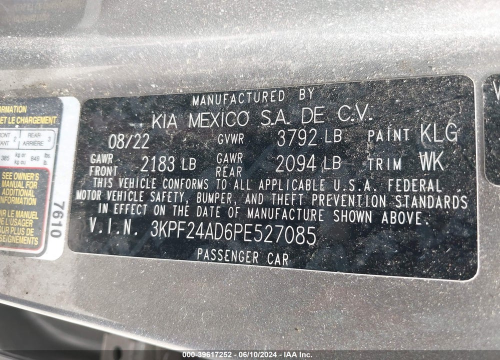 2023 KIA FORTE LXS VIN: 3KPF24AD6PE527085