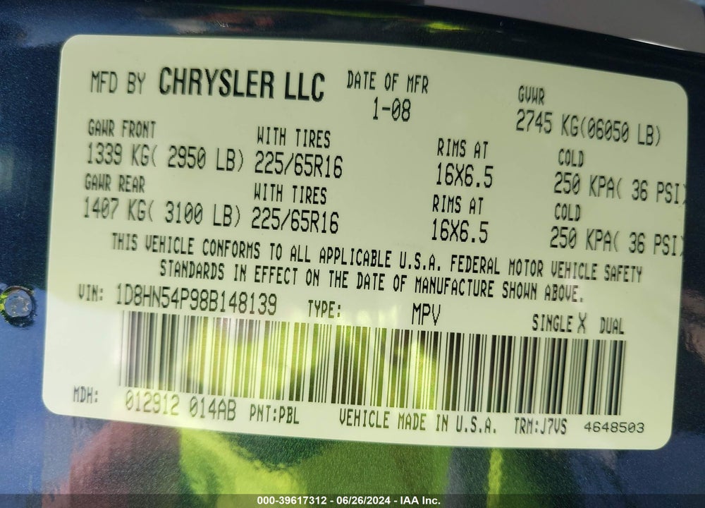 2008 DODGE GRAND CARAVAN SXT VIN: 1D8HN54P98B148139