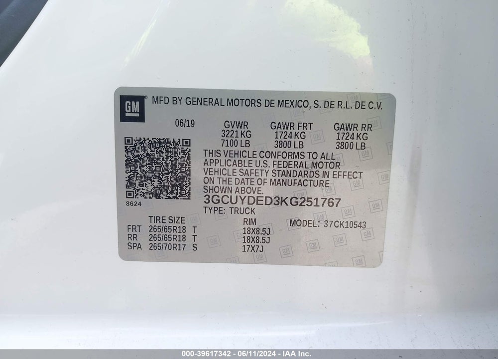 2019 CHEVROLET SILVERADO 1500 LT VIN: 3GCUYDED3KG251767