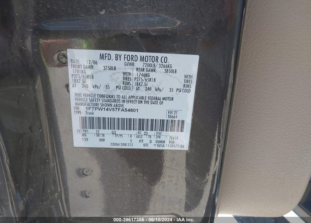 2007 FORD F-150 FX4/LARIAT/XLT VIN: 1FTPW14V57FA54801