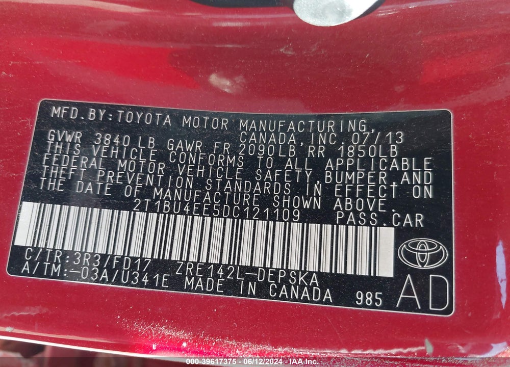2013 TOYOTA COROLLA S VIN: 2T1BU4EE5DC121109