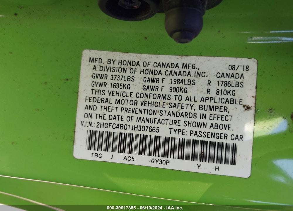 2018 HONDA CIVIC VIN: 2HGFC4B01JH307665