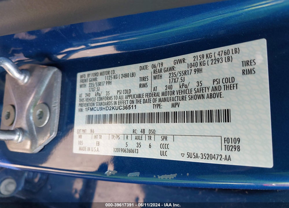 2019 FORD ESCAPE SEL VIN: 1FMCU9HD2KUC36511