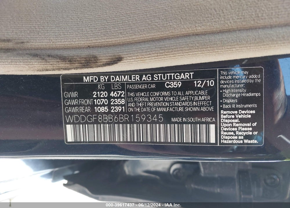 2011 MERCEDES-BENZ C 300 LUXURY 4MATIC/SPORT 4MATIC VIN: WDDGF8BB6BR159345