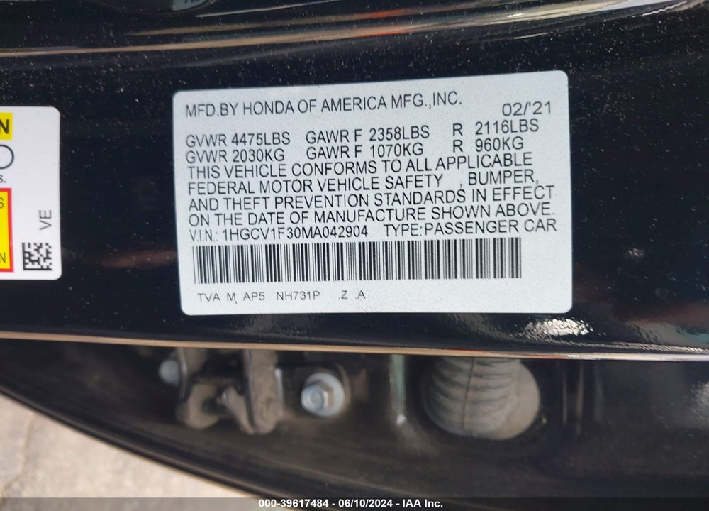 2021 HONDA ACCORD SPORT VIN: 1HGCV1F30MA042904