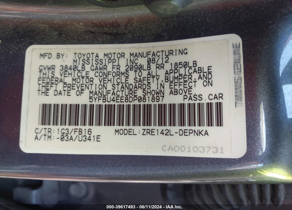 2013 TOYOTA COROLLA LE VIN: 5YFBU4EE8DP081897