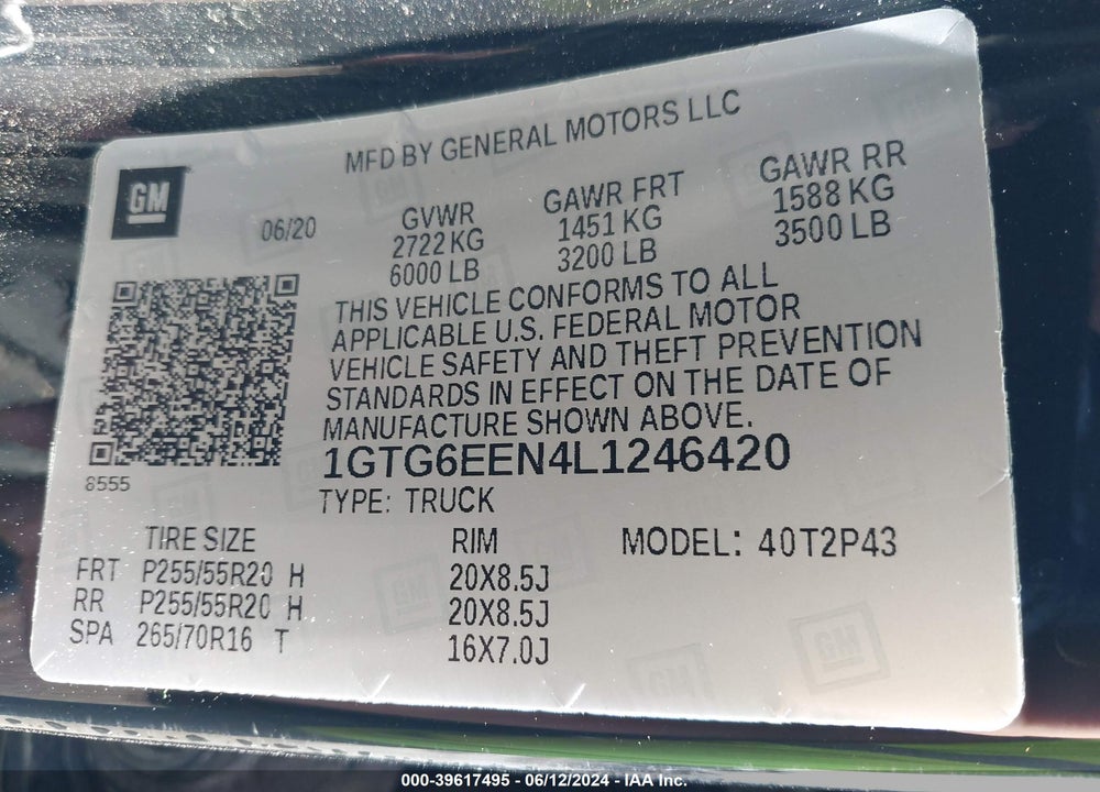 2020 GMC CANYON 4WD SHORT BOX DENALI VIN: 1GTG6EEN4L1246420