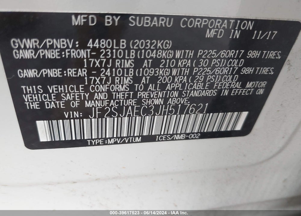 2018 SUBARU FORESTER 2.5I PREMIUM VIN: JF2SJAEC3JH517621
