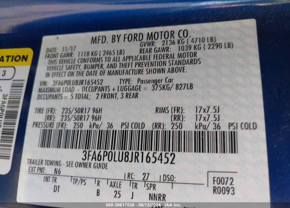 2018 FORD FUSION HYBRID SE VIN: 3FA6P0LU8JR165452
