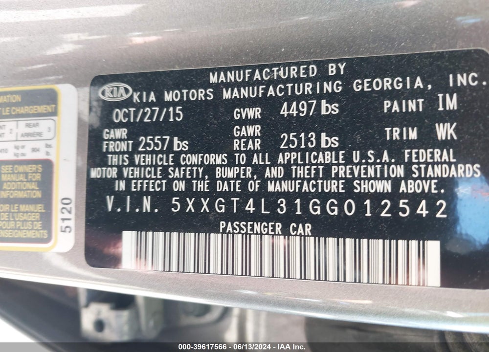 2016 KIA OPTIMA LX VIN: 5XXGT4L31GG012542