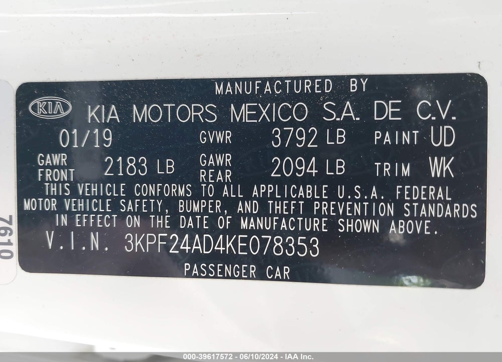 2019 KIA FORTE LXS VIN: 3KPF24AD4KE078353