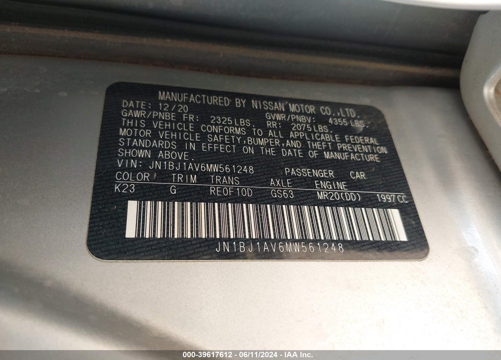 2021 NISSAN ROGUE SPORT S FWD XTRONIC CVT VIN: JN1BJ1AV6MW561248