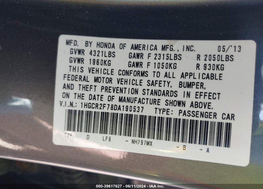 2013 HONDA ACCORD EX VIN: 1HGCR2F78DA190537