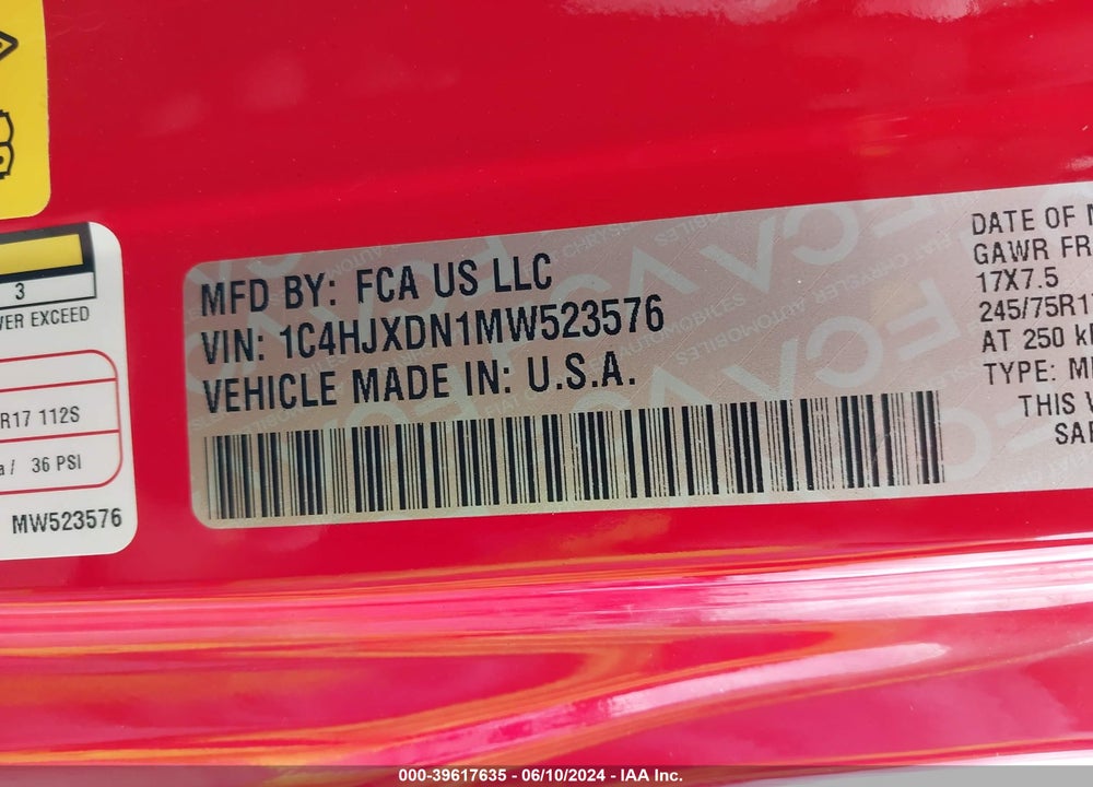 2021 JEEP WRANGLER UNLIMITED SPORT S 4X4 VIN: 1C4HJXDN1MW523576