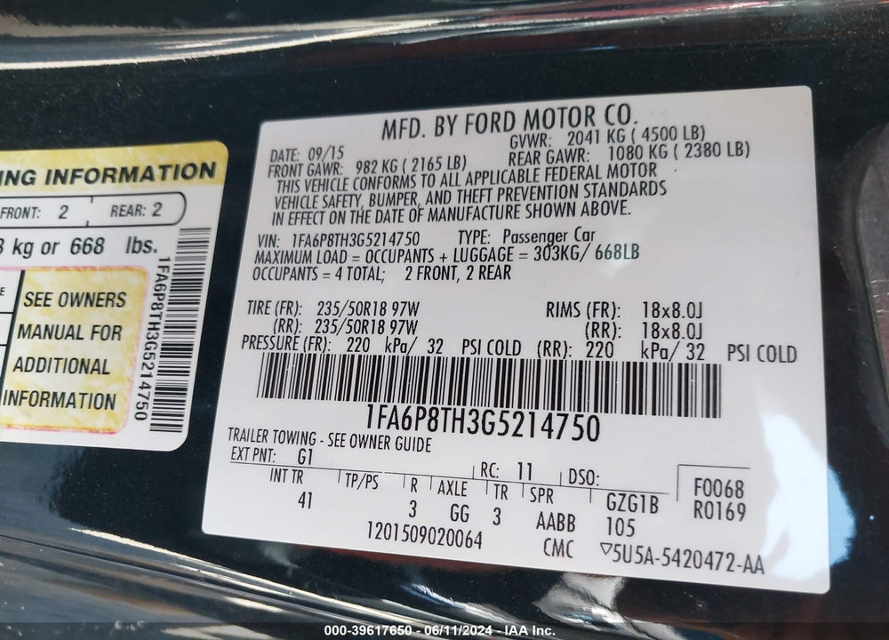 2016 FORD MUSTANG ECOBOOST VIN: 1FA6P8TH3G5214750