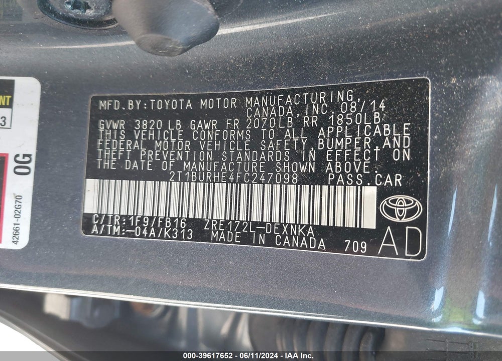 2015 TOYOTA COROLLA VIN: 2T1BURHE4FC247098