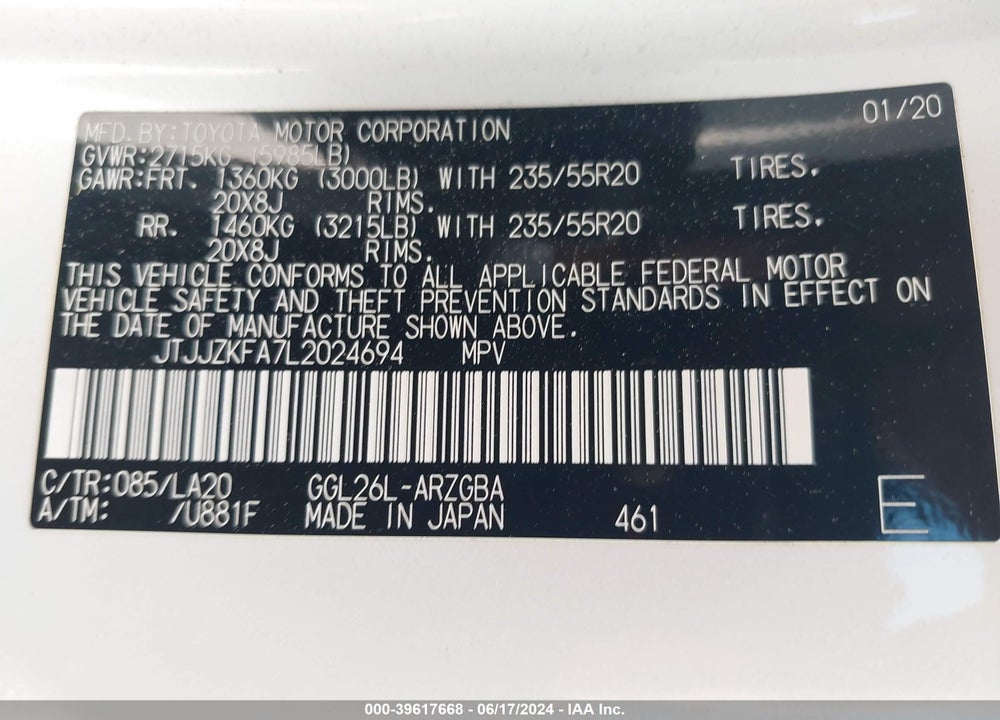 2020 LEXUS RX 350L LUXURY VIN: JTJJZKFA7L2024694