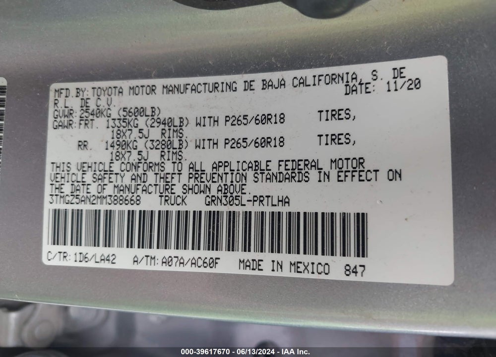2021 TOYOTA TACOMA VIN: 3TMGZ5AN2MM388668