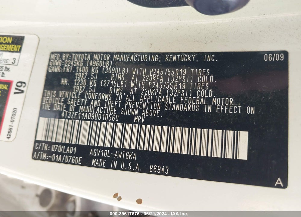 2009 TOYOTA VENZA VIN: 4T3ZE11A09U010560